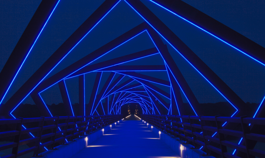 The repeating arches of this illuminated bridge.