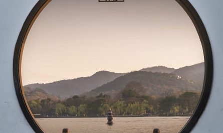 Traditional Chinese Moon gate by the West Lake, Hangzhou, China