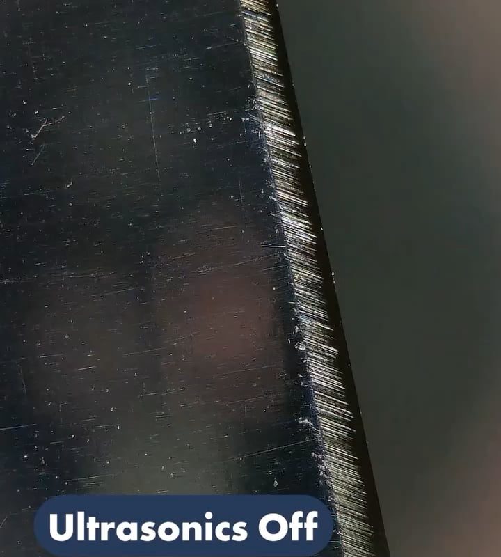 Ultrasonic knife cutting paper with vibrations Off & On