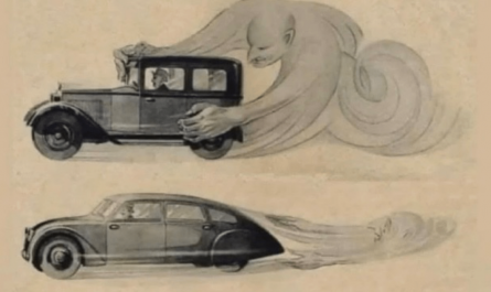 A 1930 advertisement showing the cutting-edge aerodynamic engineering behind new generation of automobiles.