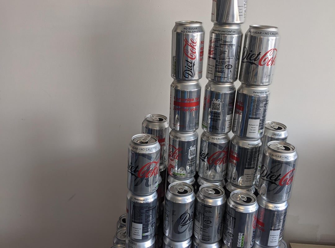 Made a coke can tower. It took me around 2 months from mid December to today. They are all empty.