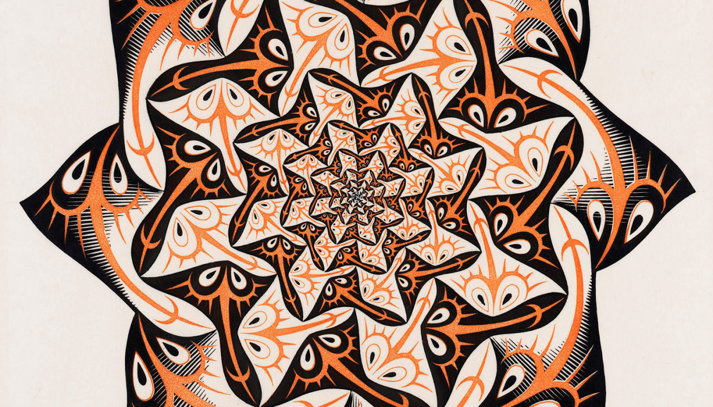 The hypnotic spiral of repeating shapes in an Escher print.