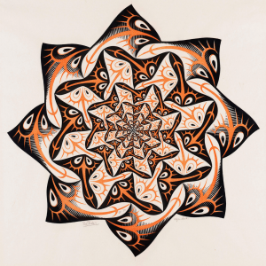 The hypnotic spiral of repeating shapes in an Escher print.