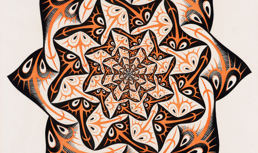 The hypnotic spiral of repeating shapes in an Escher print.
