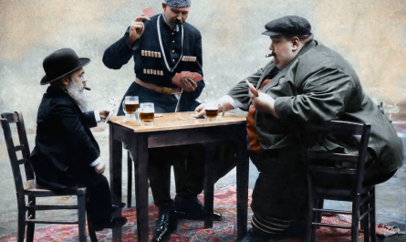 The tallest (Cornelius Bruns), shortest and fattest (Cannon Colossus) man of Europe playing a game of cards, 1913